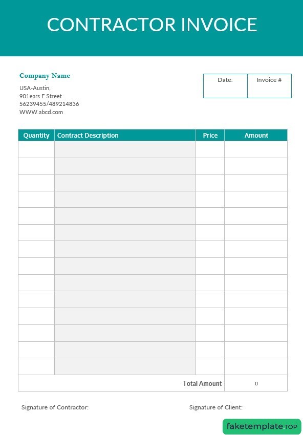 Feature of fake Blank Contractor invoice example